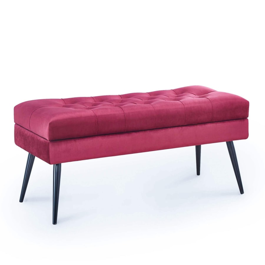 Bout de lit - banquette coffre en velours rouge capitonné