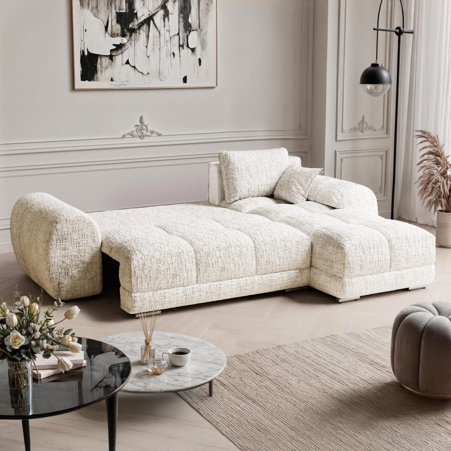 Canap&eacute; d'angle convertible avec coffre en tissu beige - Angle droit