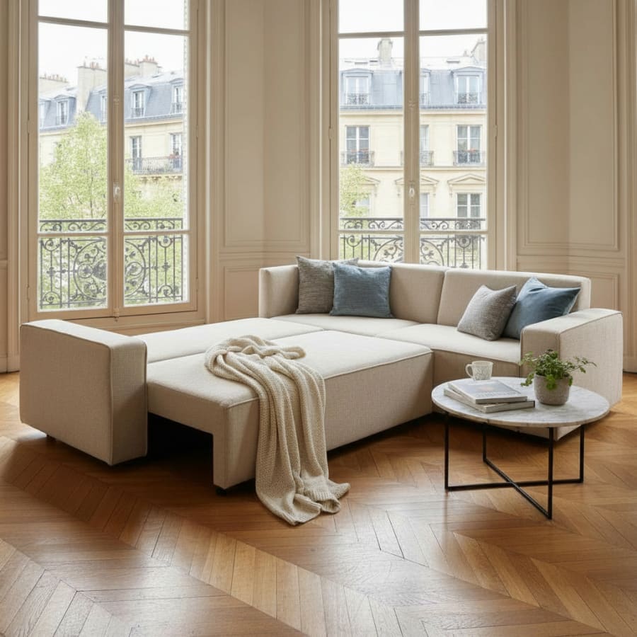 Canap&eacute; d'angle convertible en tissu beige - Angle droit