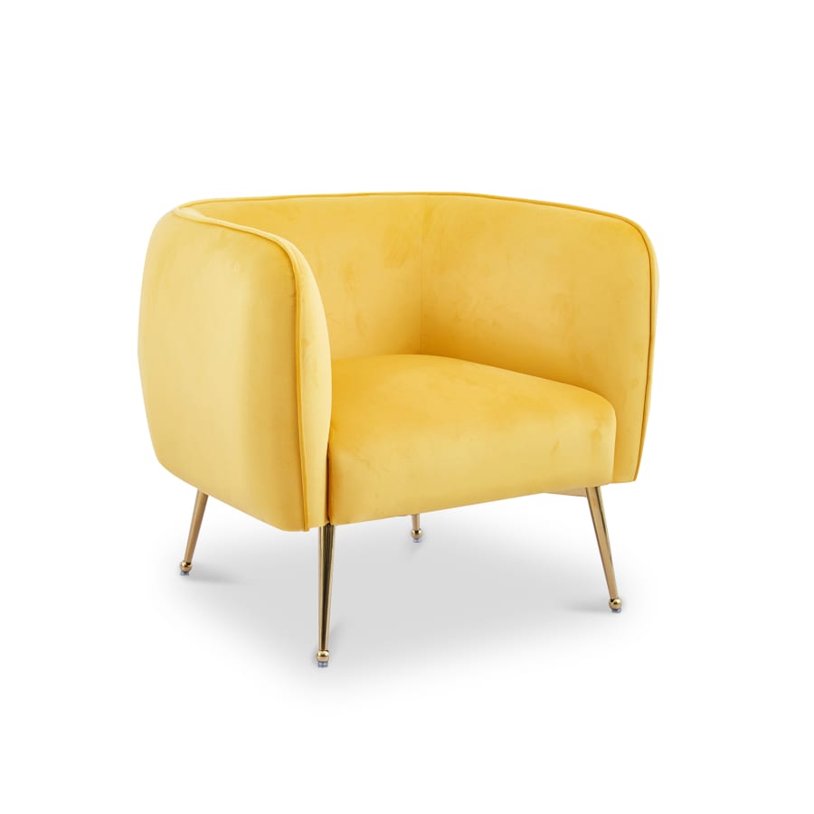 Fauteuil velours jaune piètement en métal doré