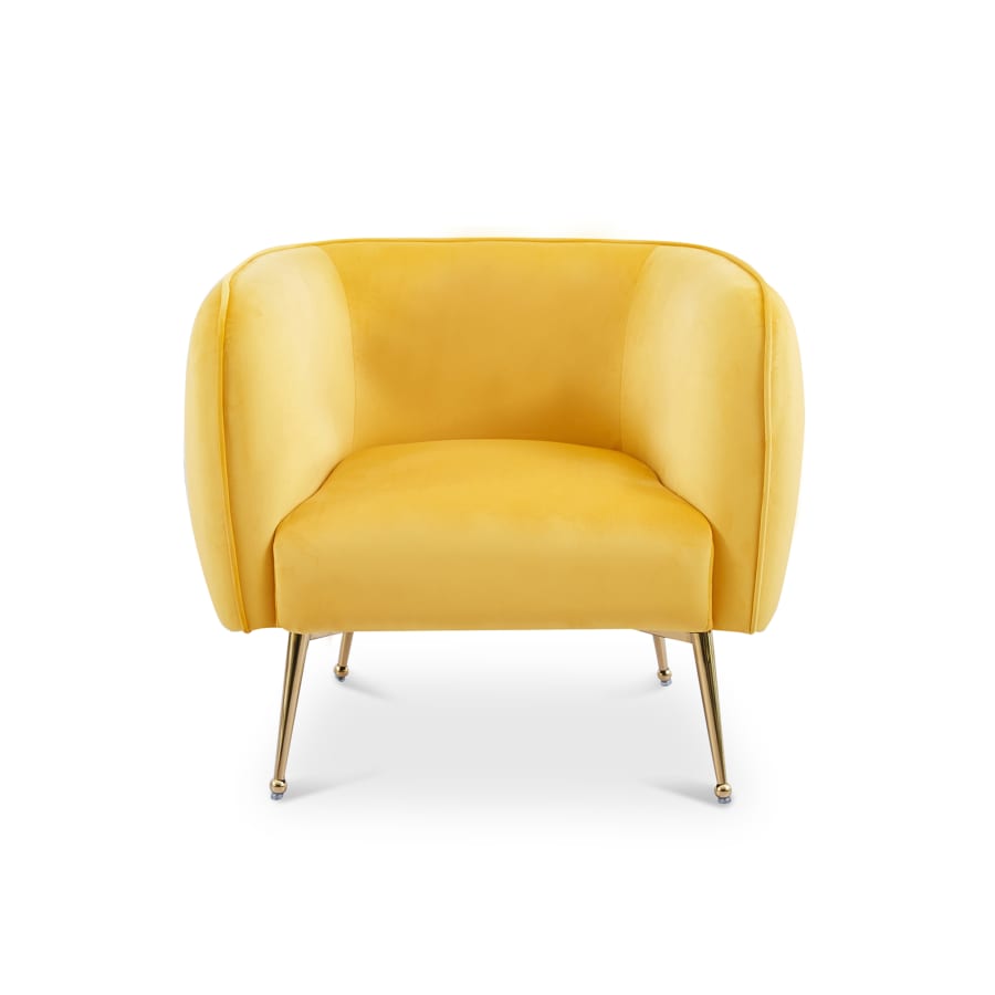 Fauteuil velours jaune piètement en métal doré