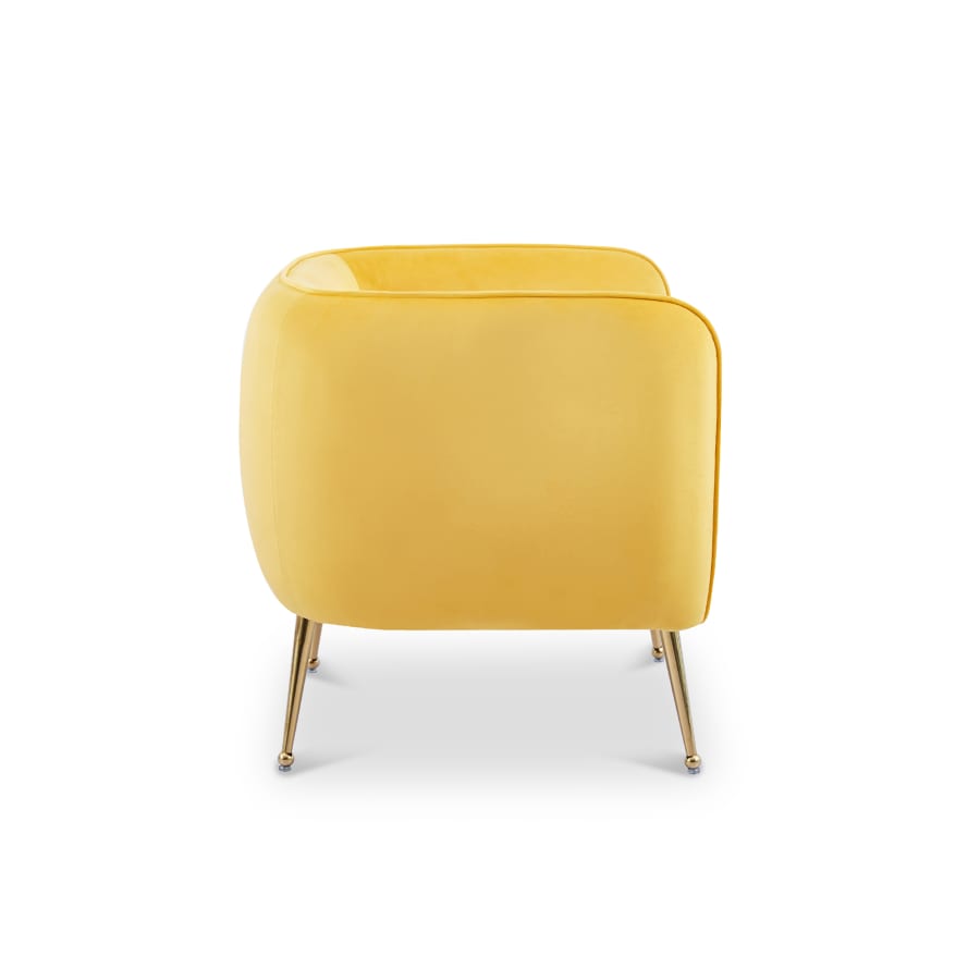 Fauteuil velours jaune piètement en métal doré