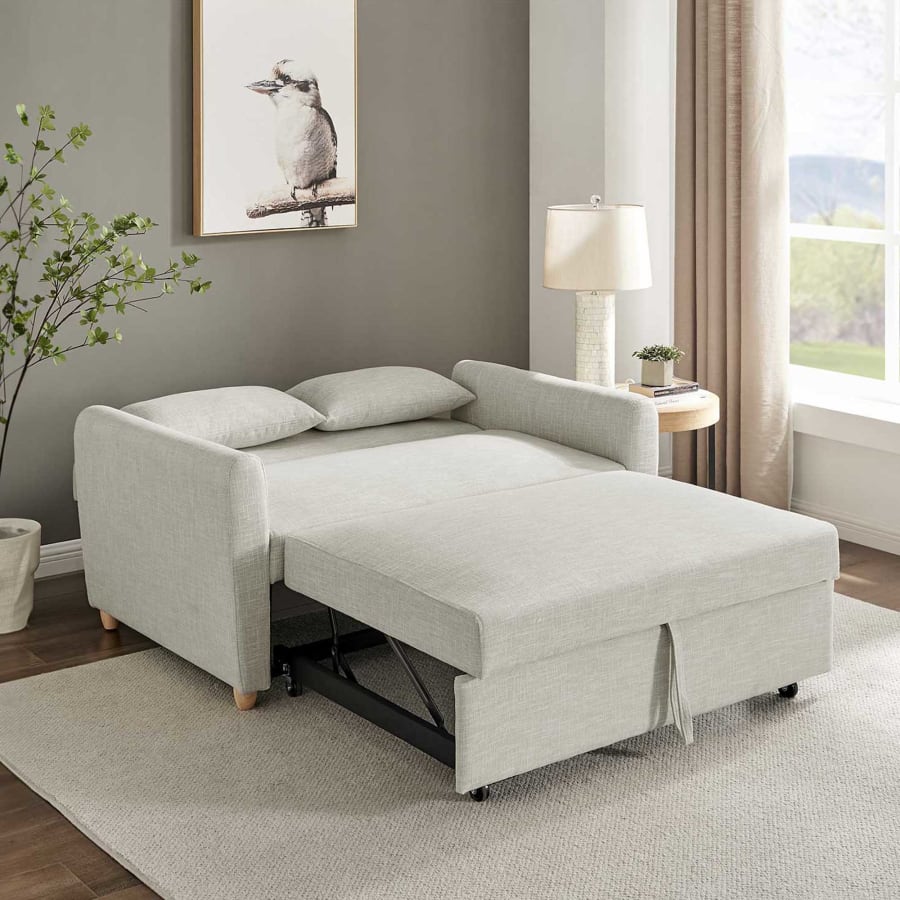 Canap&eacute; 2 places convertible scandinave en tissu beige