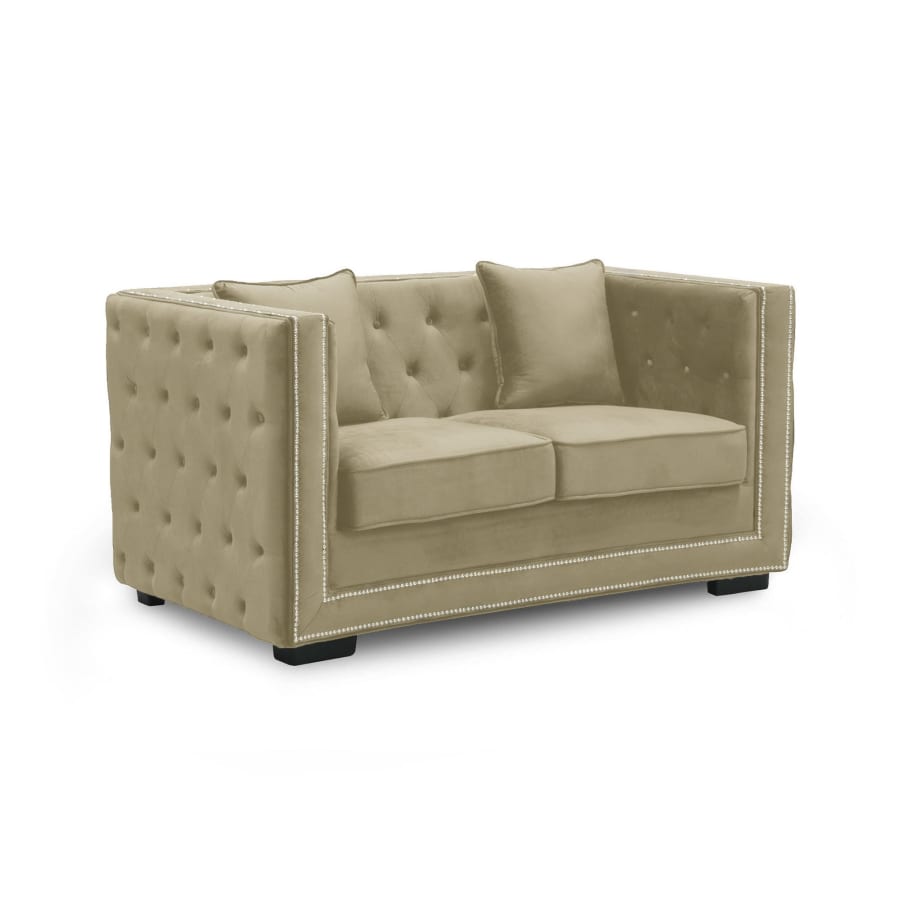 Canap&eacute; chesterfield 2 places en velours beige