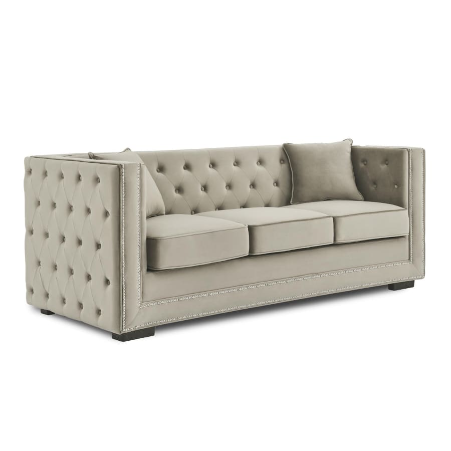 Canap&eacute; chesterfield 3 places en velours beige