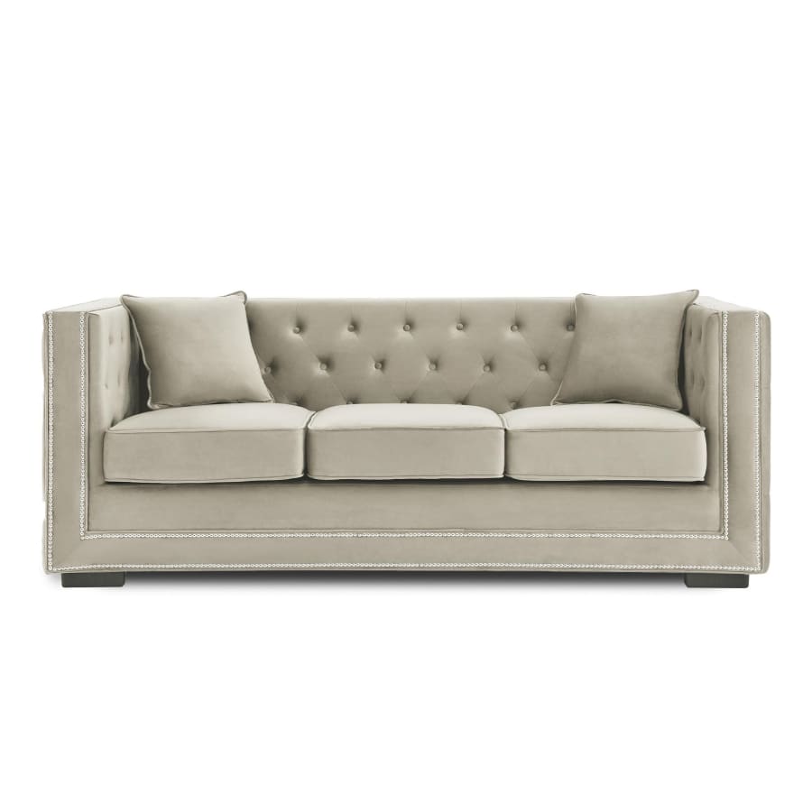 Canap&eacute; chesterfield 3 places en velours beige