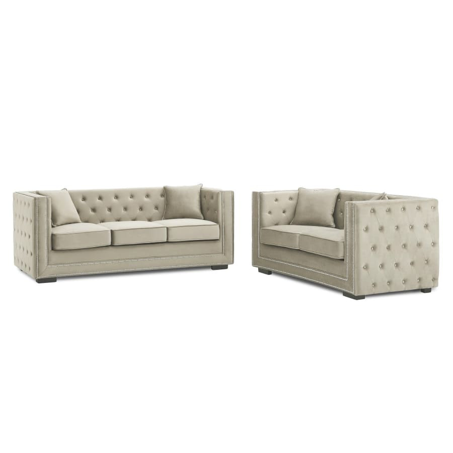 Canap&eacute; chesterfield 3 places en velours beige