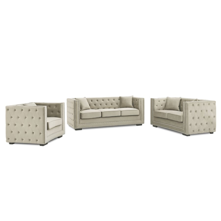 Canap&eacute; chesterfield 3 places en velours beige
