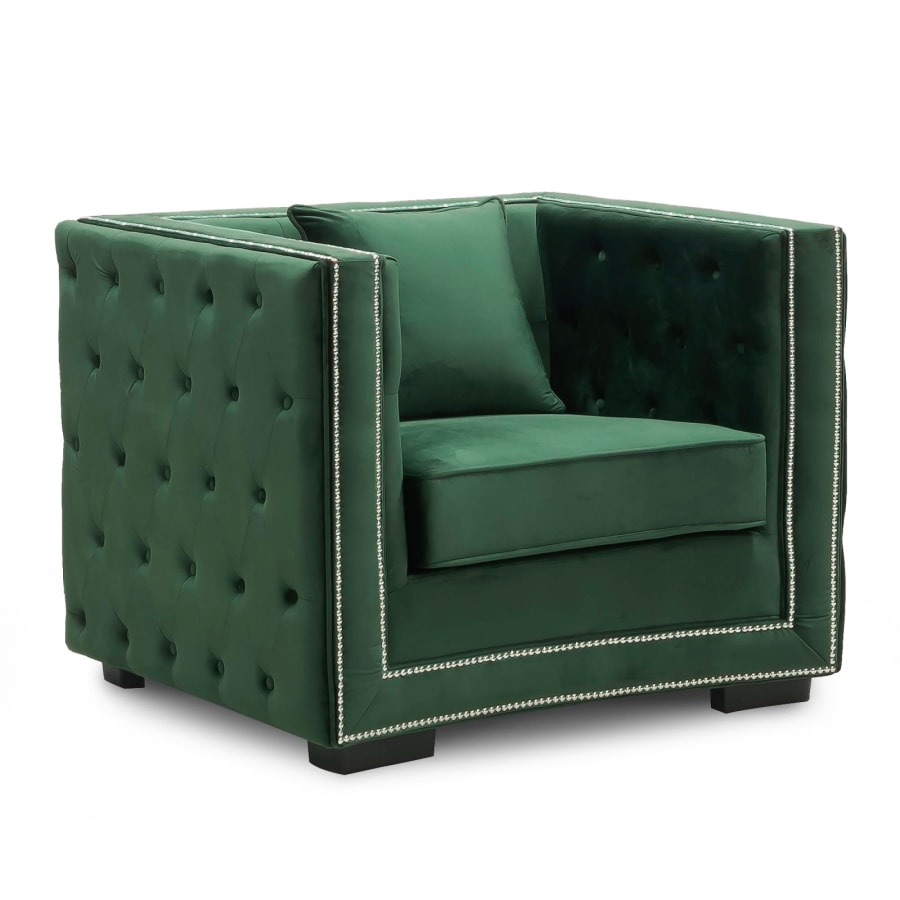 Fauteuil capitonné chesterfield en velours vert