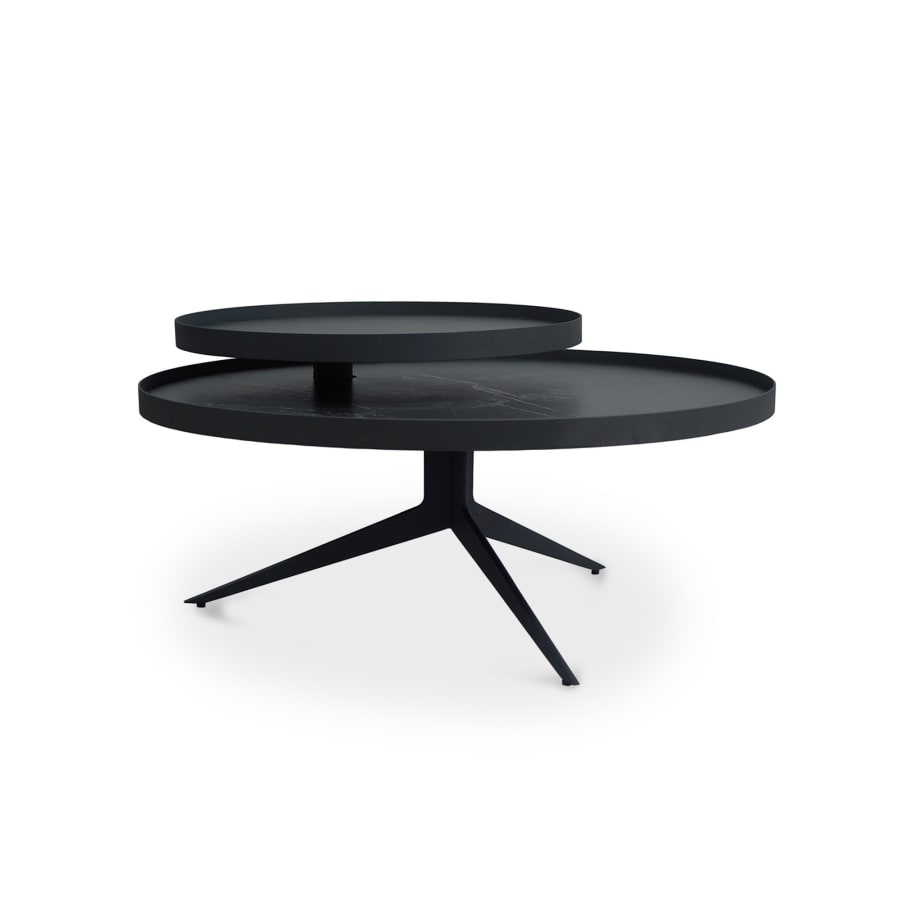 Table basse ronde à plateaux rotatifs en céramique et métal noir