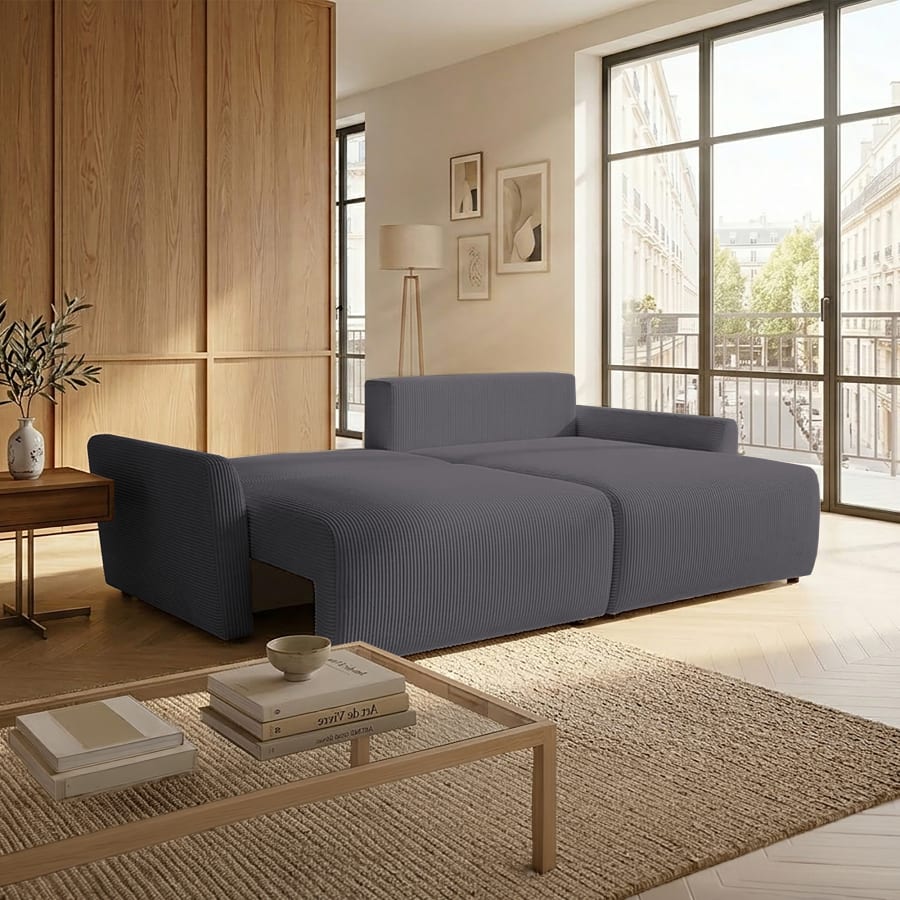 Canap&eacute; d'angle convertible et r&eacute;versible avec coffre en tissu gris fonc&eacute;