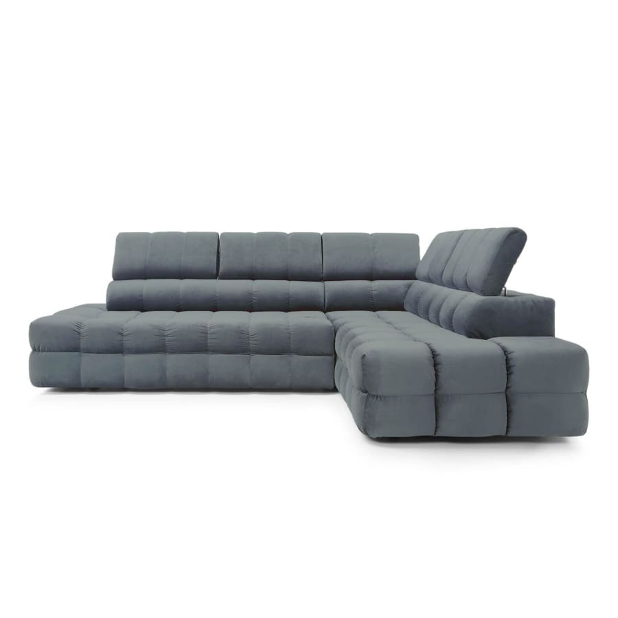 Canap&eacute; d&rsquo;angle convertible matelass&eacute; avec coffre en velours gris - Angle droit