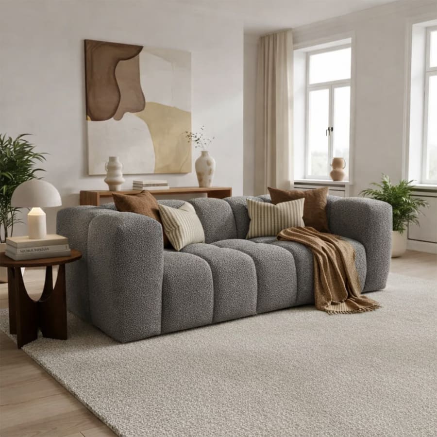 Canap&eacute; 3 places tissu bouclette gris clair