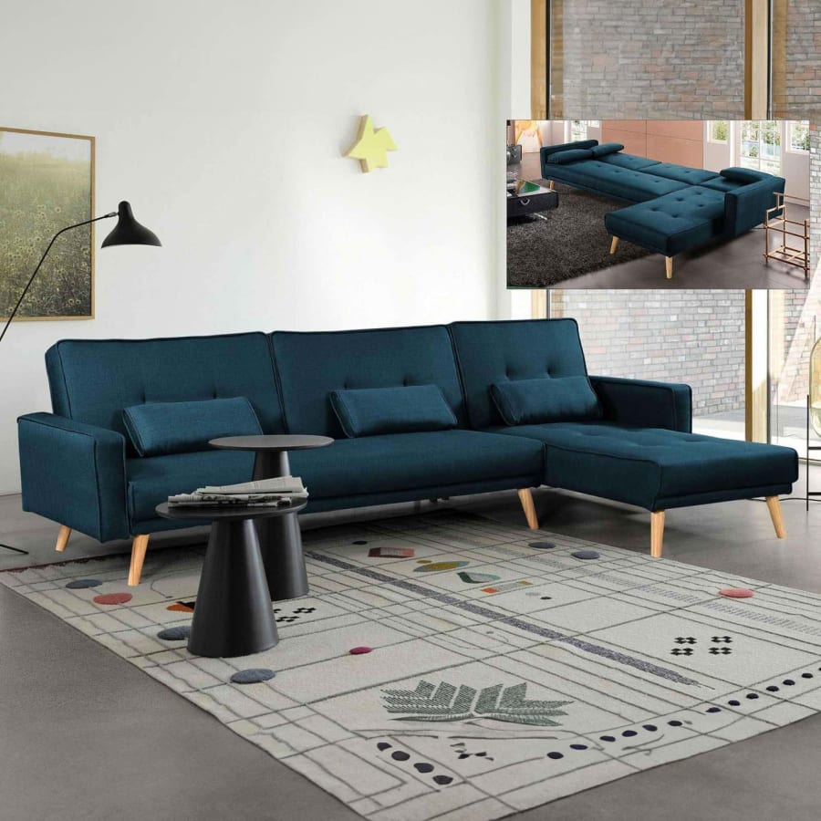 Canap&eacute; d'angle en tissu bleu canard convertible modulable Angle Droit