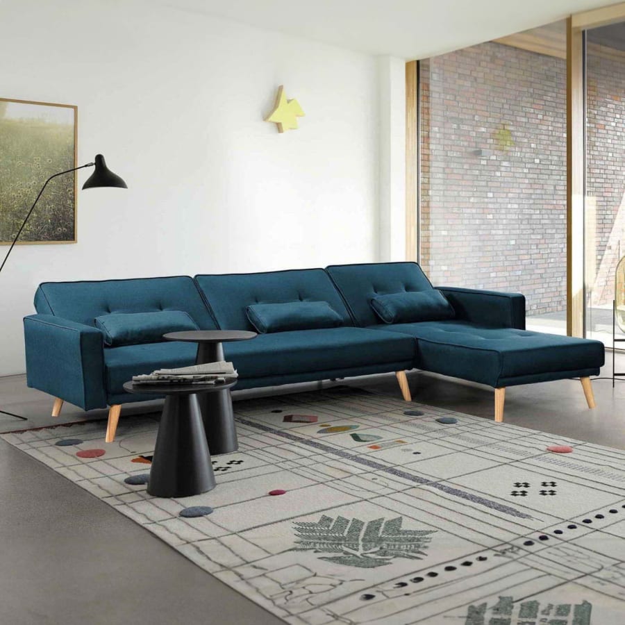 Canap&eacute; d'angle en tissu bleu canard convertible modulable Angle Droit
