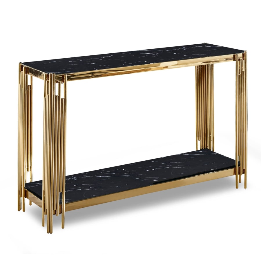 Console design en verre noir effet marbre et métal doré