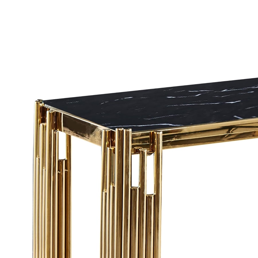 Console design en verre noir effet marbre et métal doré