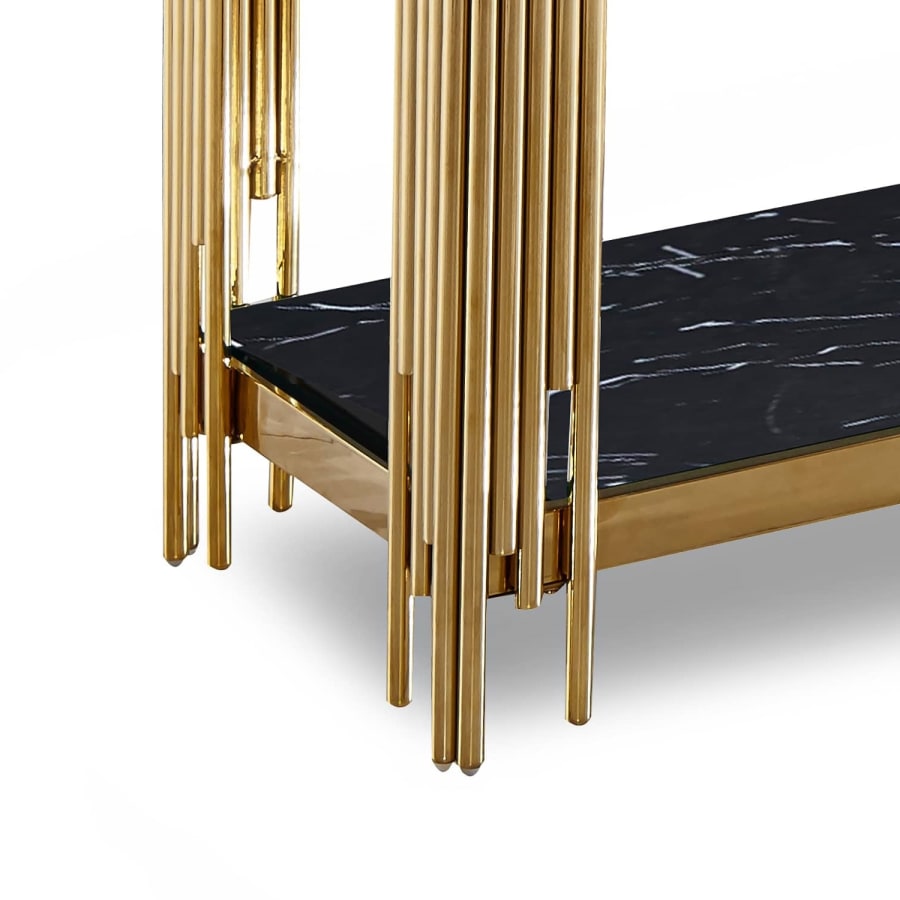 Console design en verre noir effet marbre et métal doré