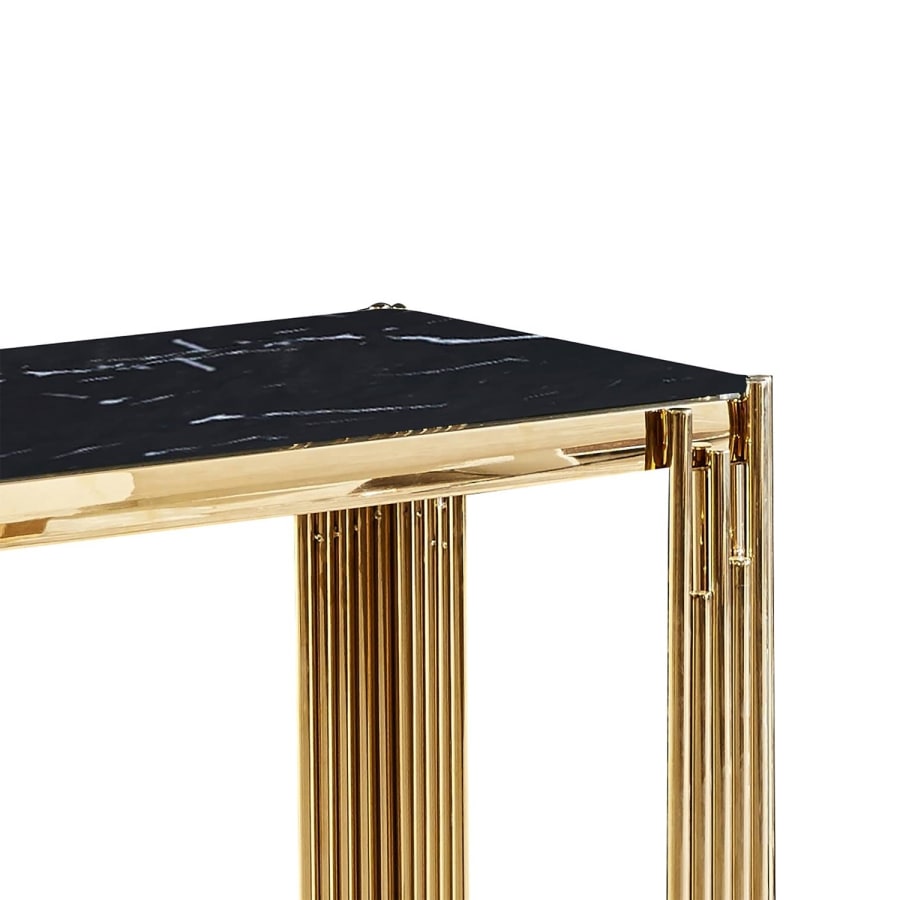 Console design en verre noir effet marbre et métal doré