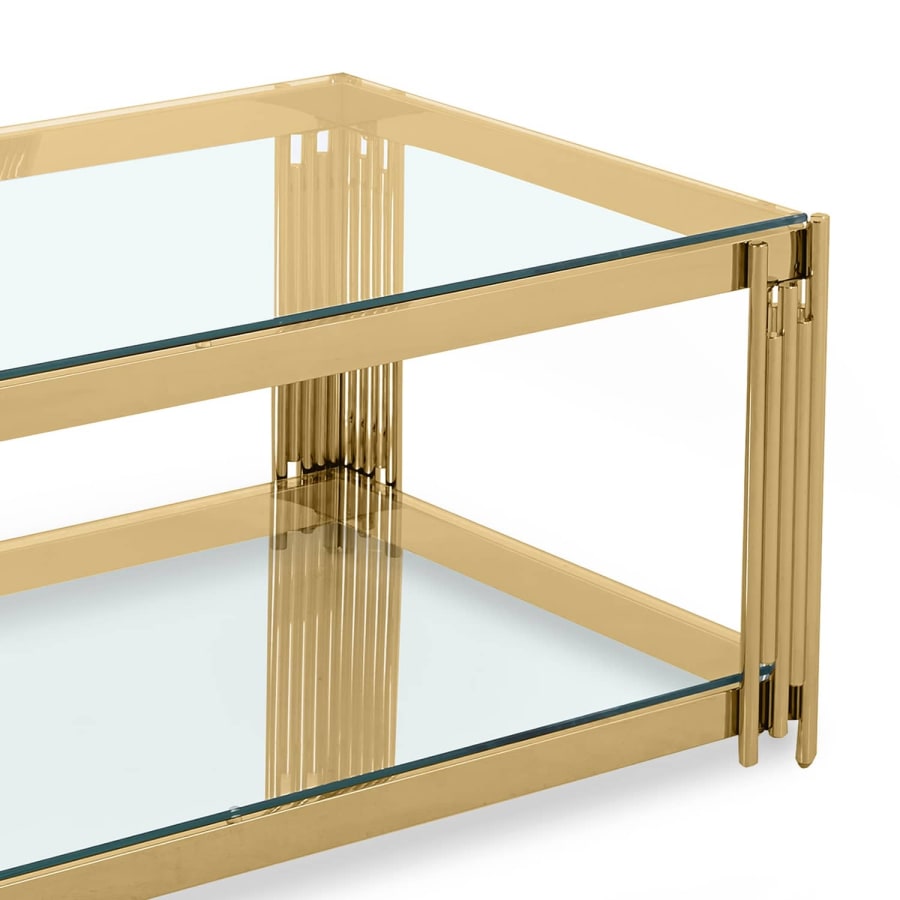 Table basse rectangle en verre tremp&eacute; et pieds en m&eacute;tal dor&eacute;