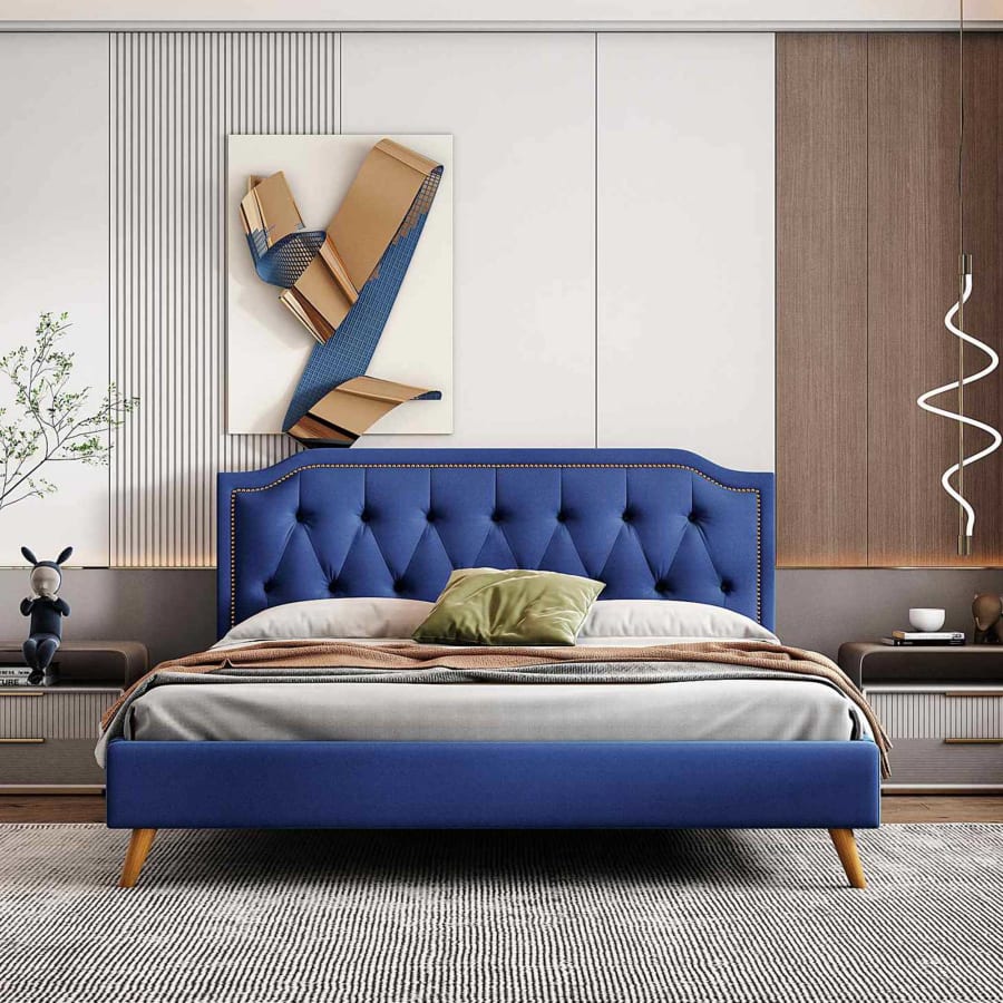 Lit double en velours bleu capitonn&eacute; 140x190 cm