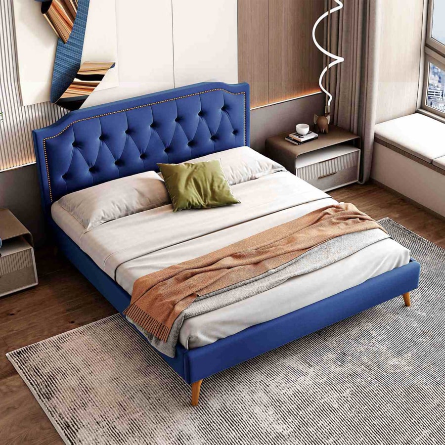 Lit double en velours bleu capitonn&eacute; 140x190 cm