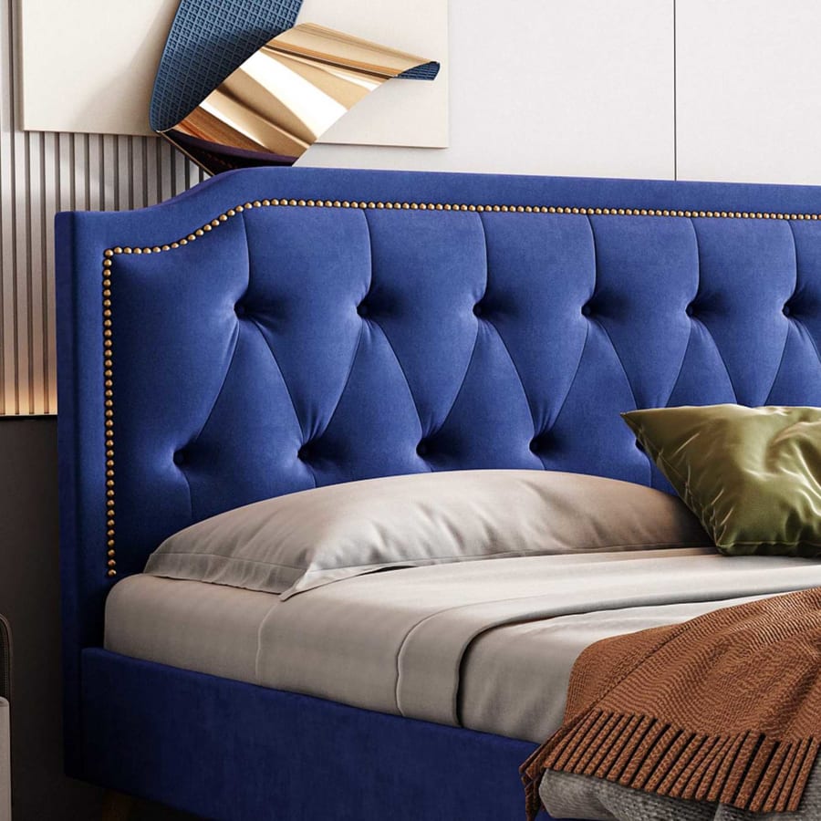 Lit double en velours bleu capitonn&eacute; 140x190 cm