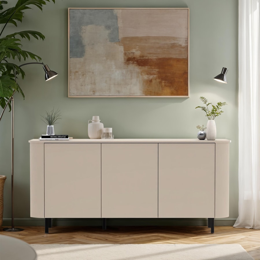 Buffet 3 portes beige pieds en m&eacute;tal noir