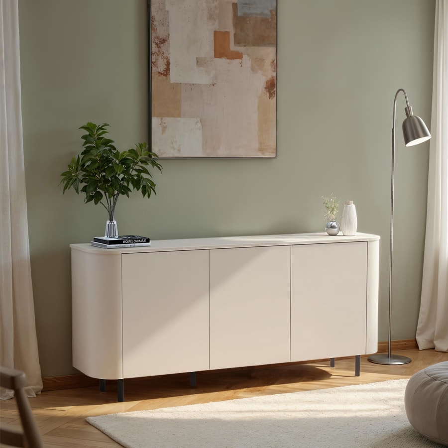 Buffet 3 portes beige pieds en m&eacute;tal noir