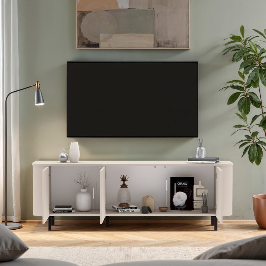 Meuble TV 3 portes beige pieds en m&eacute;tal noir