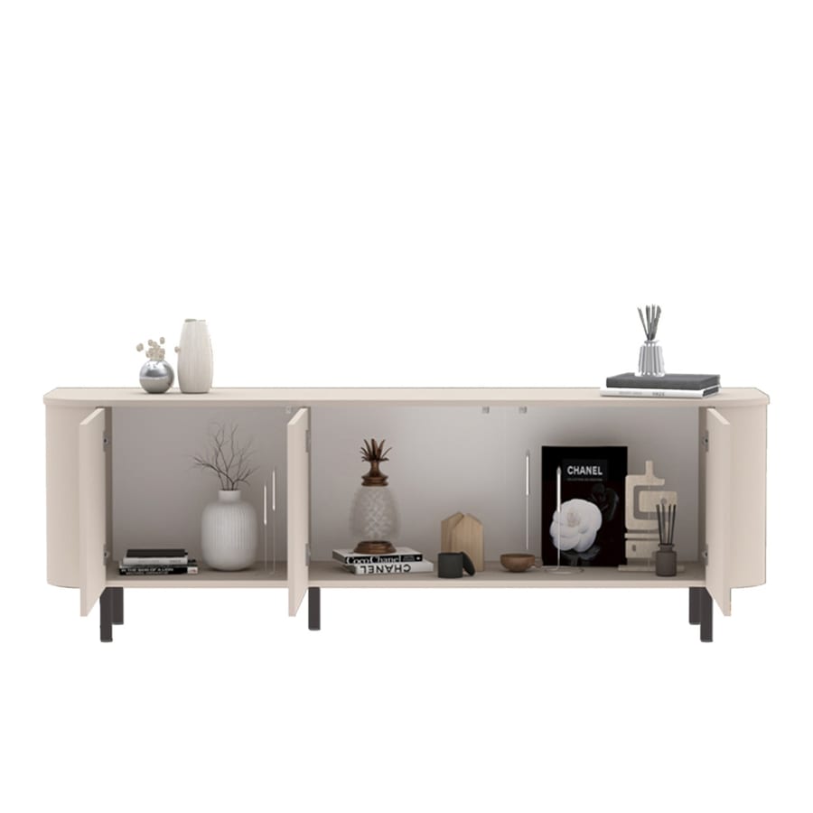 Meuble TV 3 portes beige pieds en m&eacute;tal noir