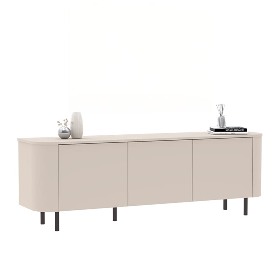 Meuble TV 3 portes beige pieds en m&eacute;tal noir