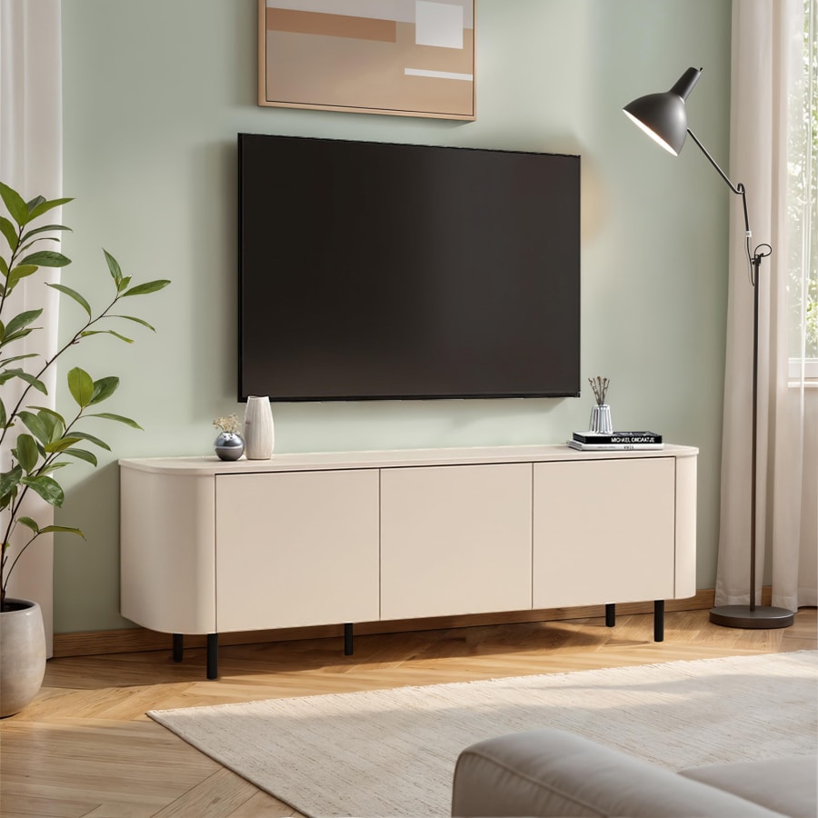 Meuble TV 3 portes beige pieds en m&eacute;tal noir