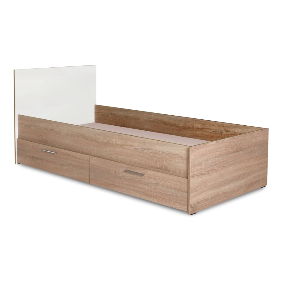 Lit 1 place avec 2 tiroirs de rangement couleur ch&ecirc;ne 90 x 190 cm