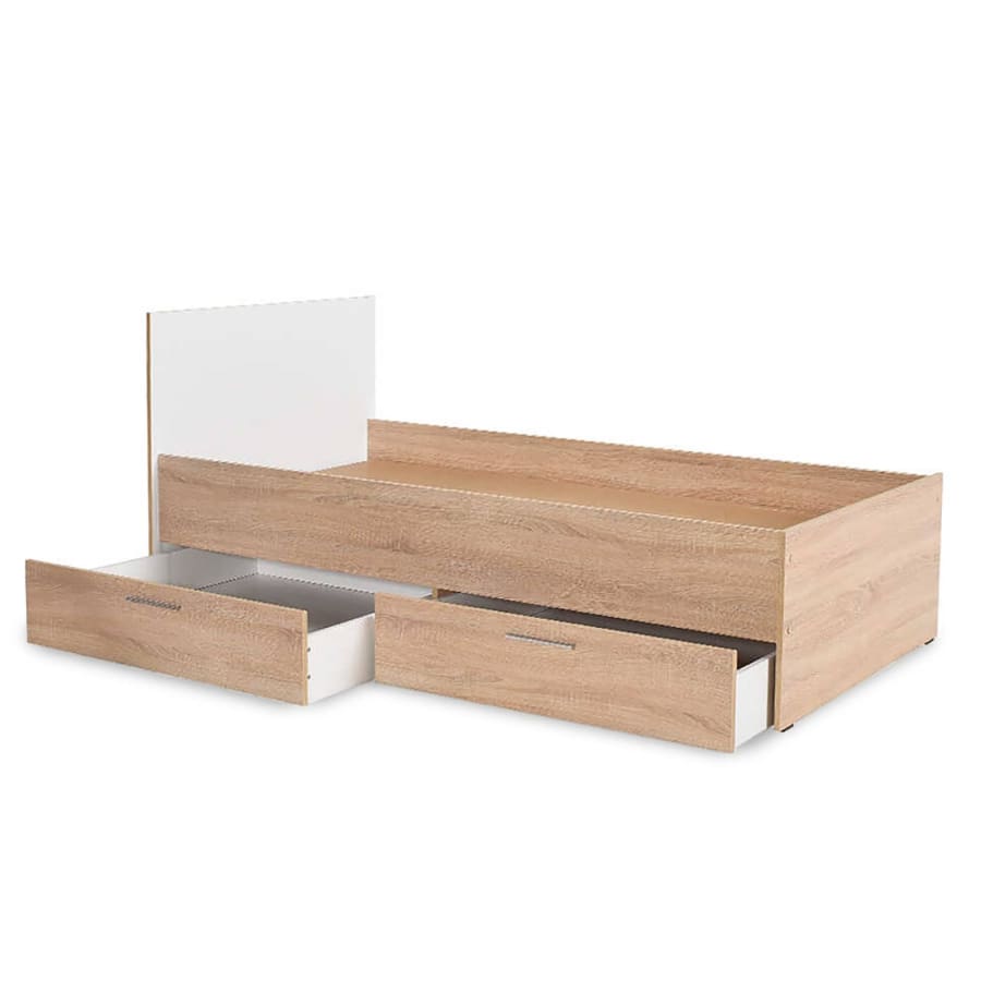 Lit 1 place avec 2 tiroirs de rangement couleur ch&ecirc;ne 90 x 190 cm