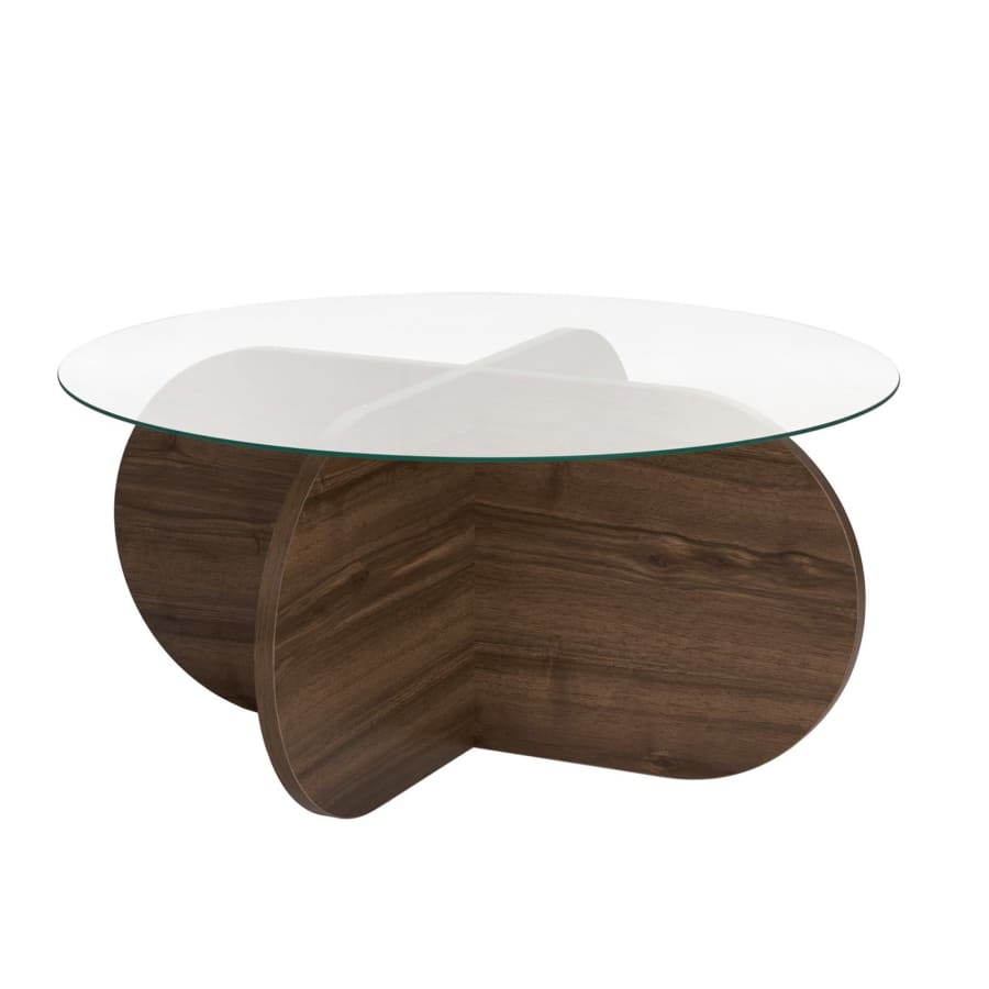Table basse ronde en verre pi&egrave;tement couleur bois fonc&eacute; D75 cm