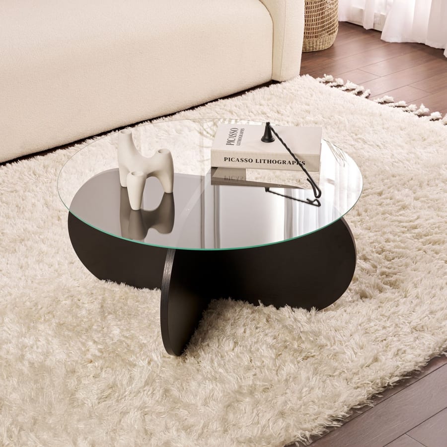 Table basse ronde en verre pi&egrave;tement couleur bois noir D75 cm