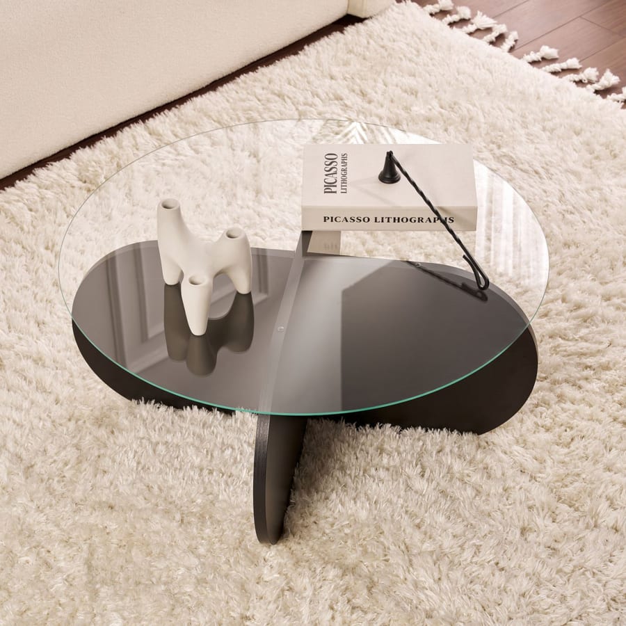 Table basse ronde en verre pi&egrave;tement couleur bois noir D75 cm