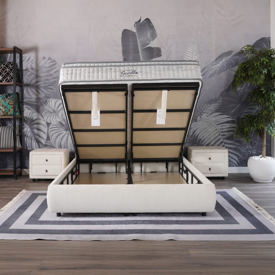 Lit double en tissu beige avec coffre 140x190 cm