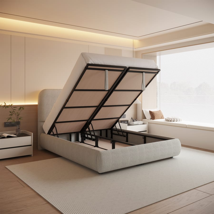 Lit double en tissu beige avec coffre 180x200 cm