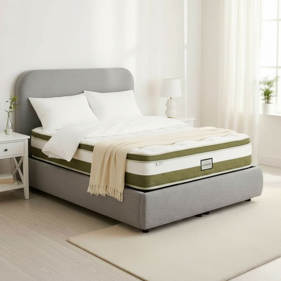 Lit double en tissu gris vert avec coffre 140x190 cm