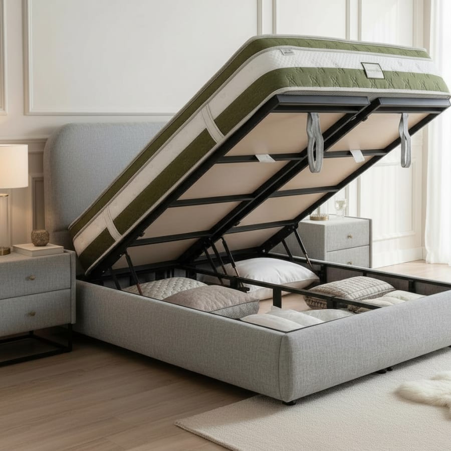 Lit double en tissu gris vert avec coffre 160x200 cm