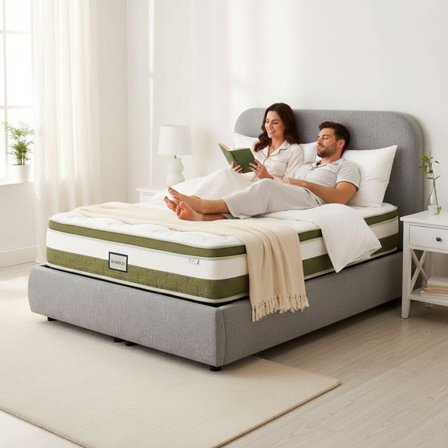 Lit double en tissu gris vert avec coffre 160x200 cm