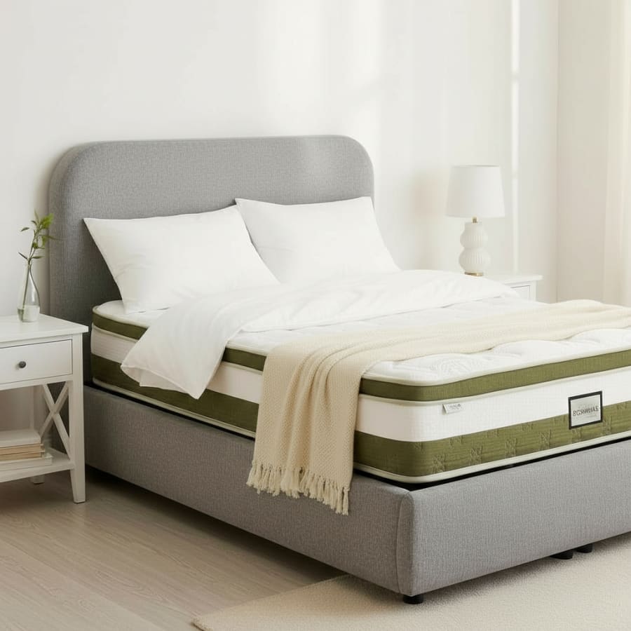 Lit double en tissu gris vert avec coffre 180x200 cm