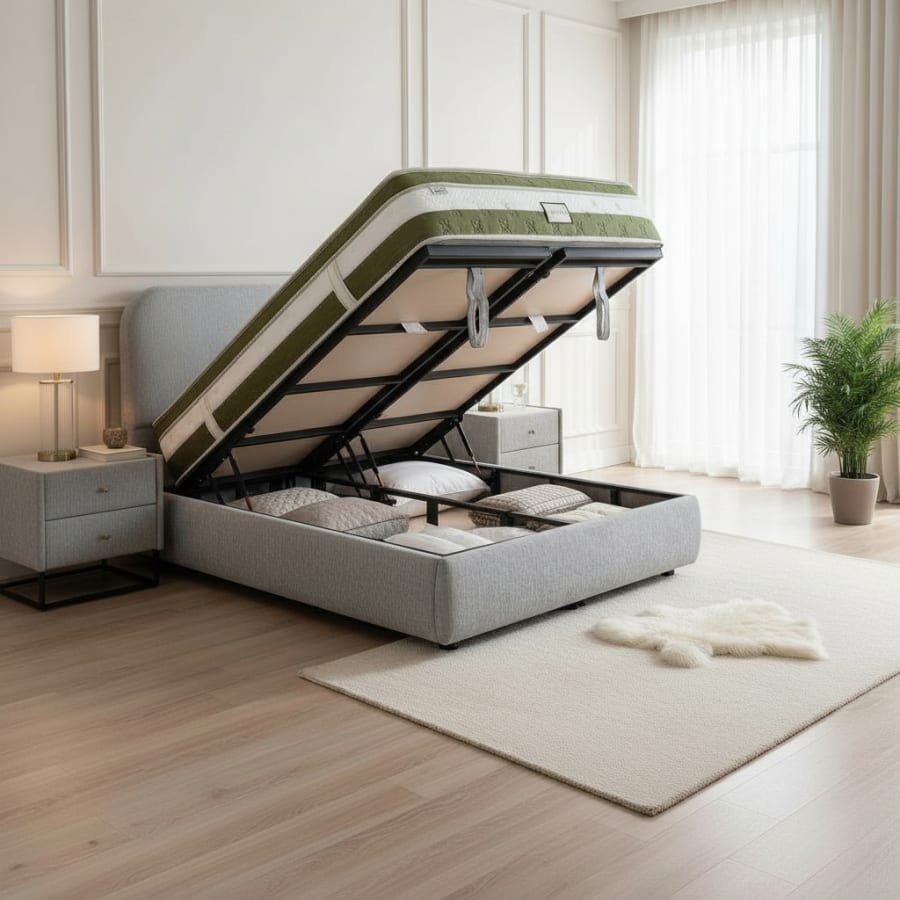 Lit double en tissu gris vert avec coffre 180x200 cm