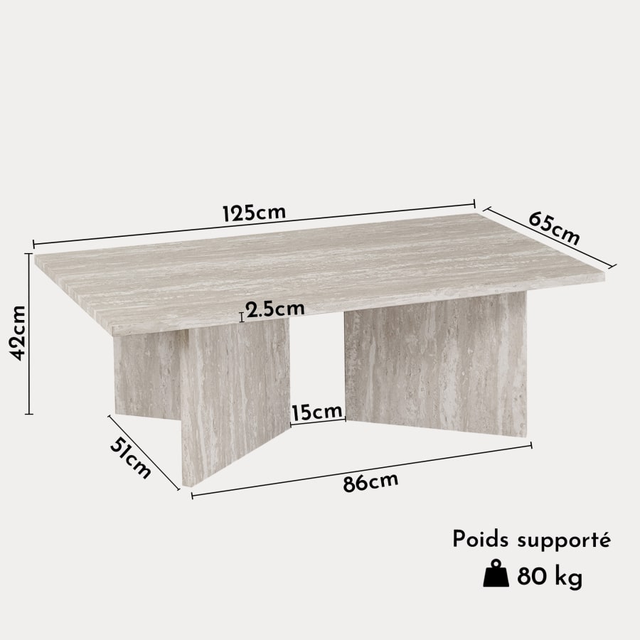 Table basse rectangulaire couleur travertin gris 125 cm