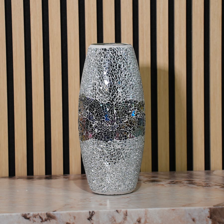 Vase en verre argenté mosaïque multicolore H30 cm