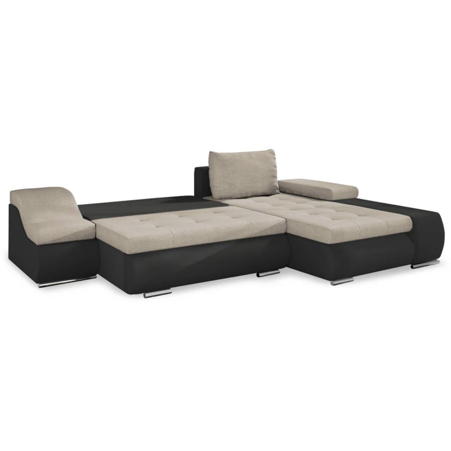 Canap&eacute; d&rsquo;angle convertible coffre de rangement en tissu beige et simili noir &ndash; Angle Droit