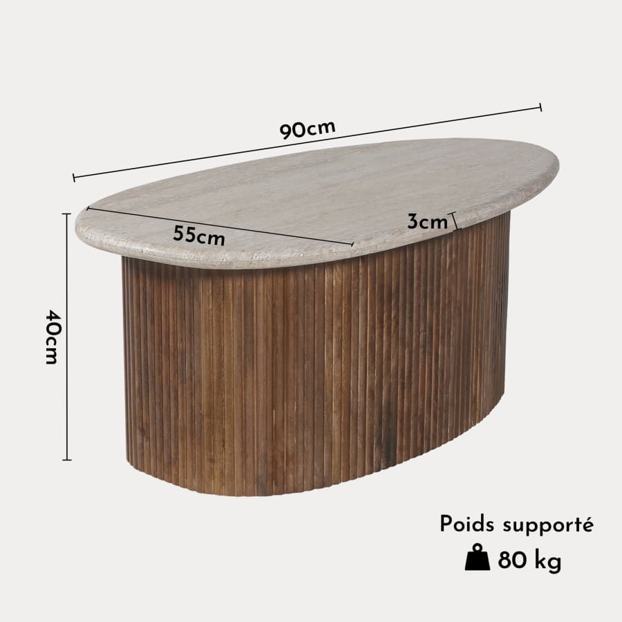 Table basse en travertin et bois de manguier 90 cm