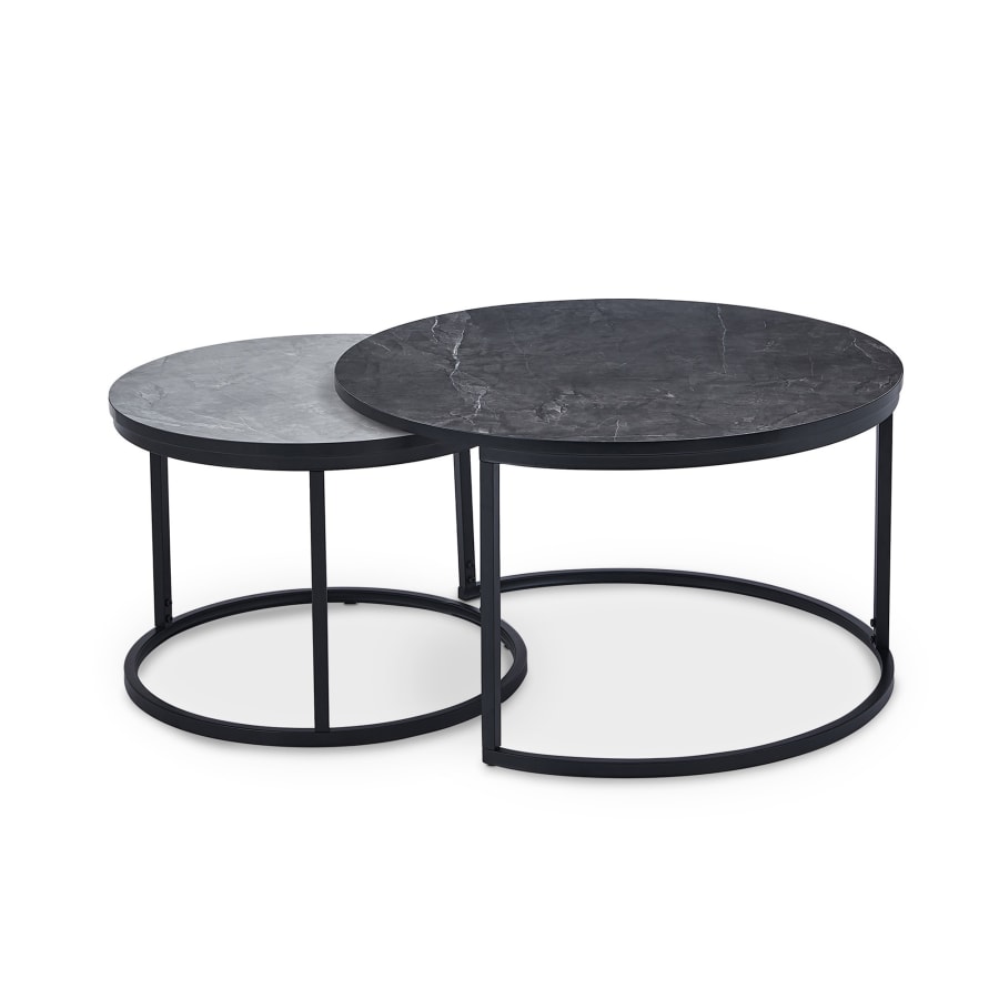Lot de 2 tables basses rondes gigognes effet marbre pieds en métal noir